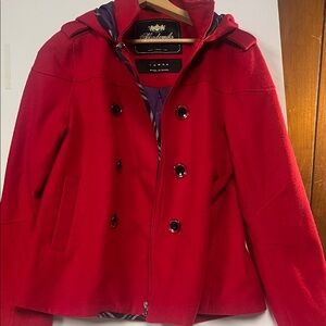 Red wool blend big girl coat in large by Akademik’s  zipper and button closure